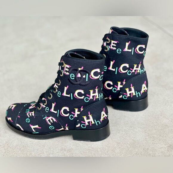 Chanel 2019 Interlocking CC Logo Multi Colored Combat Boots Size 37.5 - Picture 2 of 12